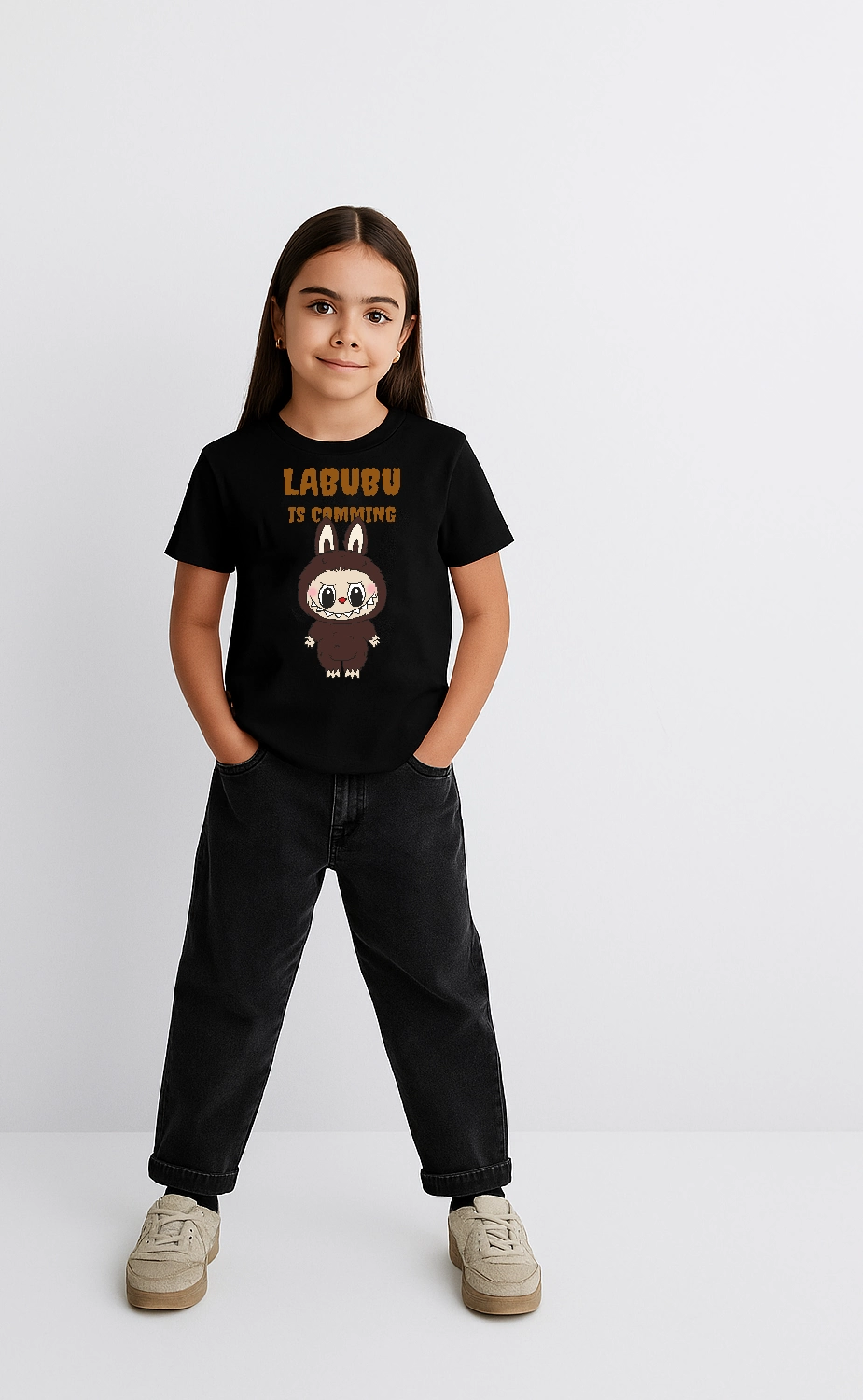 ASSEMA Kız Labubu Çocuk Baskılı T-Shirt - Siyah