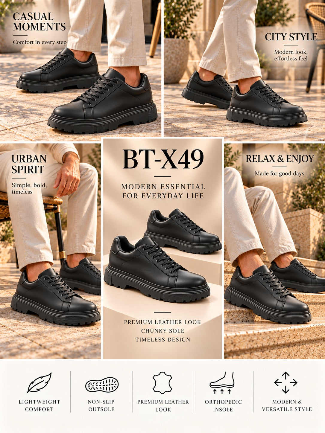 BayTuluk BT-X49 Siyah Cilt Siyah Yüksek Taban Bağcıklı Erkek Günlük Ayakkabı