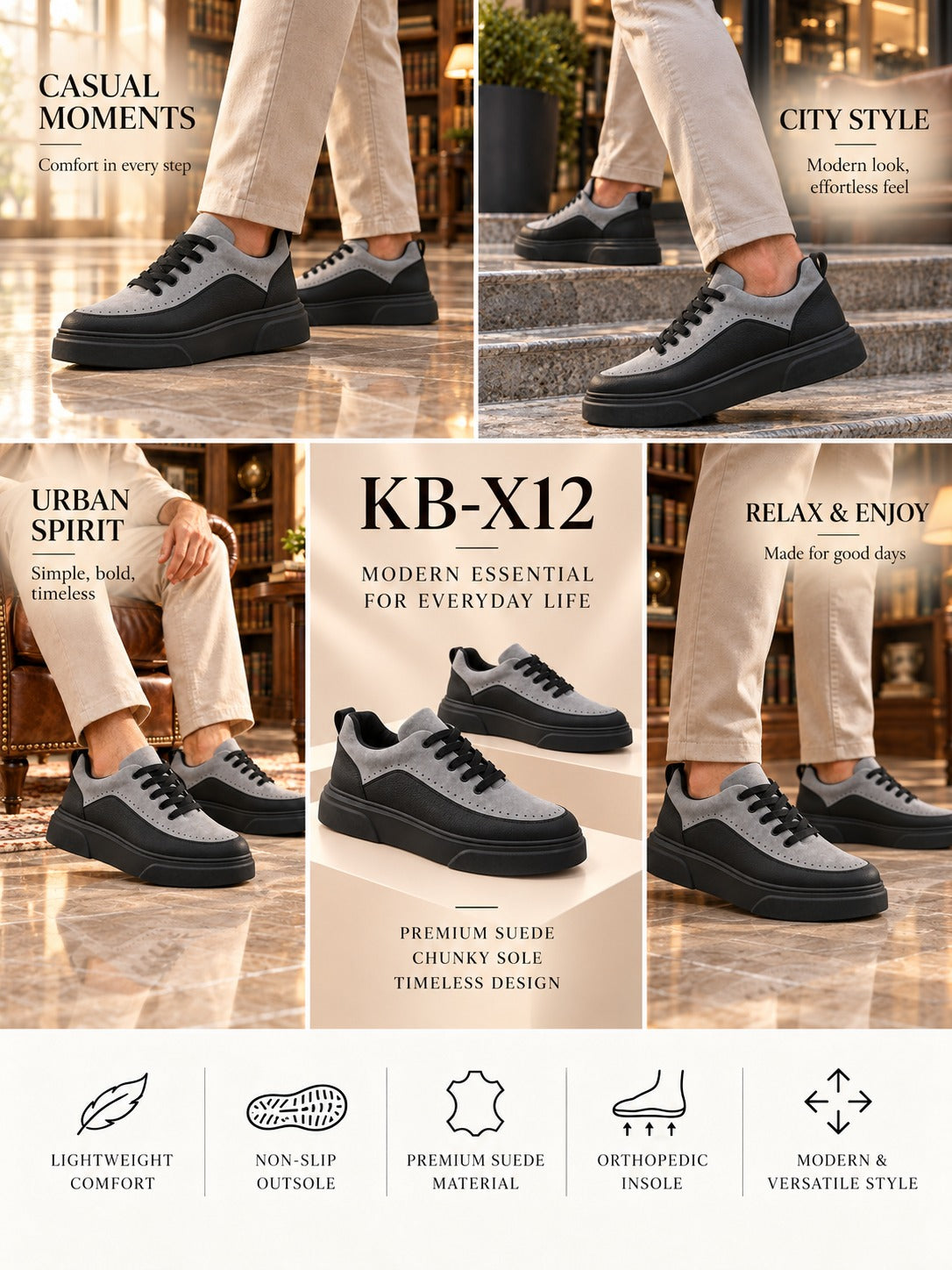 KB-X12 Kuback Siyah Gri Detaylı Günlük Erkek Ayakkabı