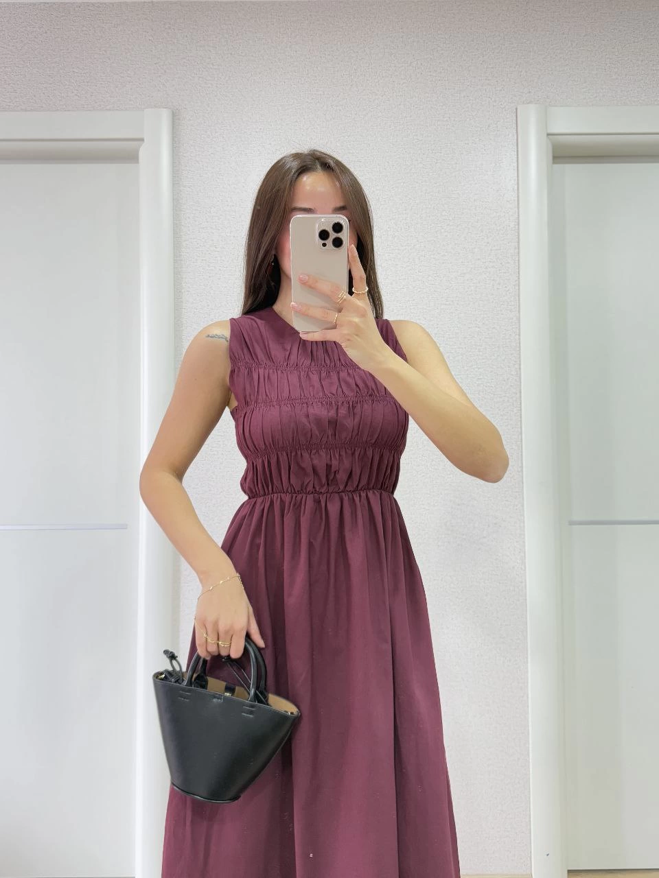 ASSEMA Kadın Kolsuz Göğüs Lastıklı %100 Poplin Uzun Elbise - Bordo