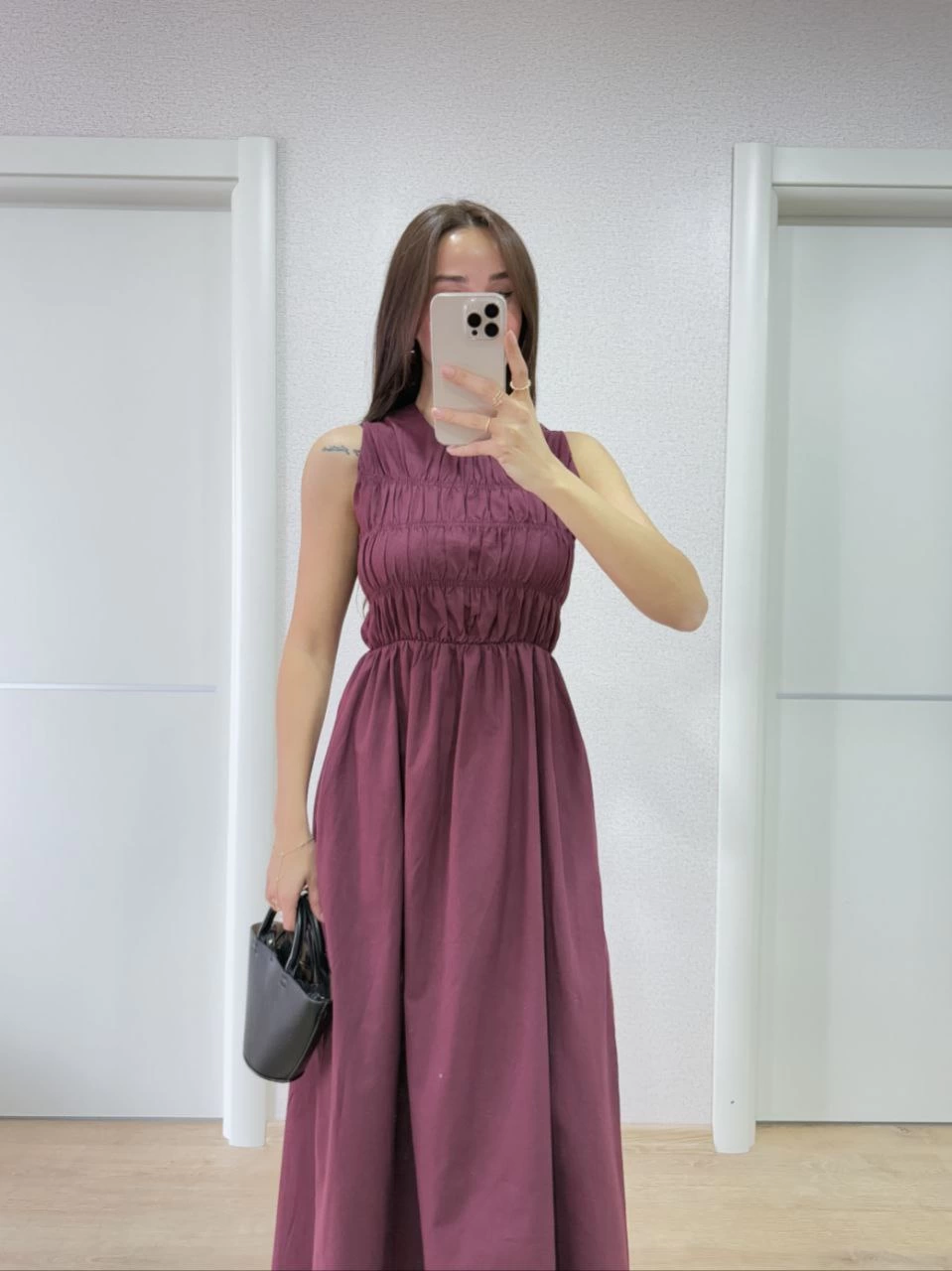 ASSEMA Kadın Kolsuz Göğüs Lastıklı %100 Poplin Uzun Elbise - Bordo