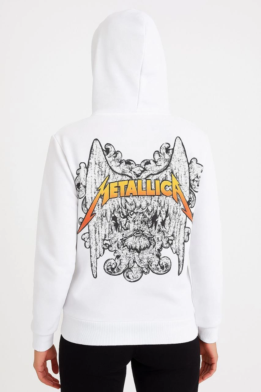 ASSEMA Metallica İki İplik Kapüşonlu Ön ve Arka Baskılı hoodie - Beyaz