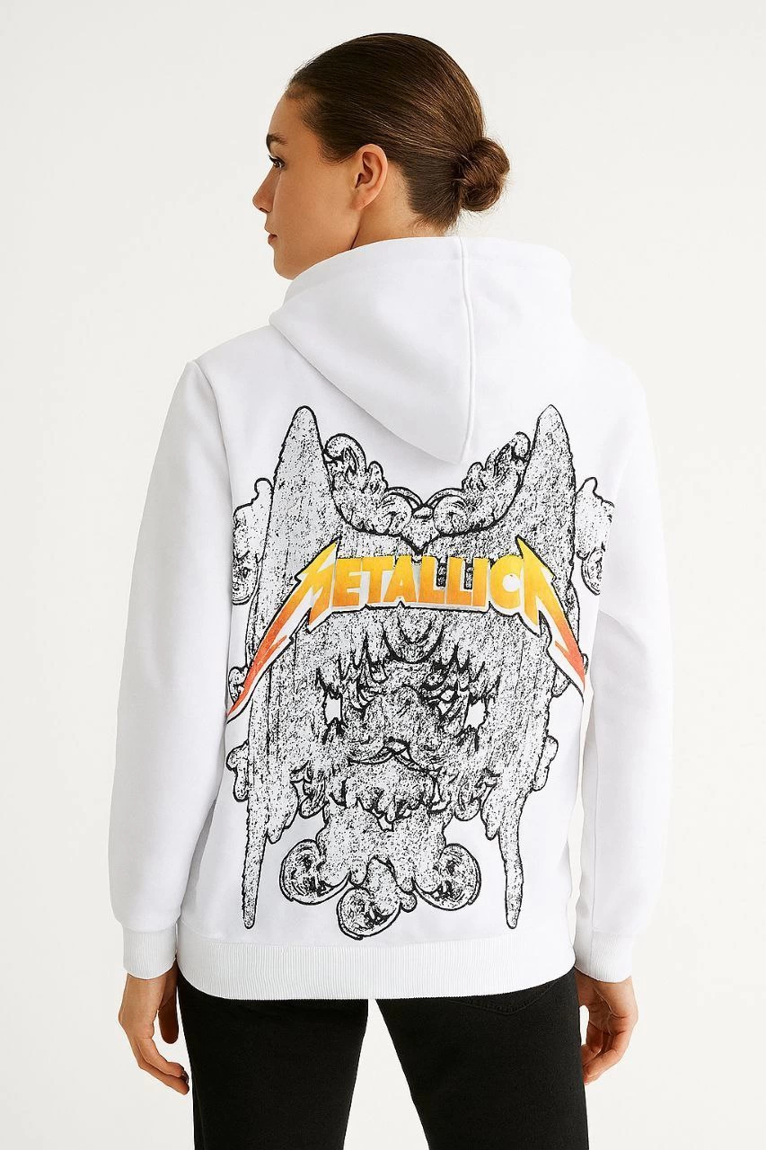 ASSEMA Metallica İki İplik Kapüşonlu Ön ve Arka Baskılı hoodie - Beyaz