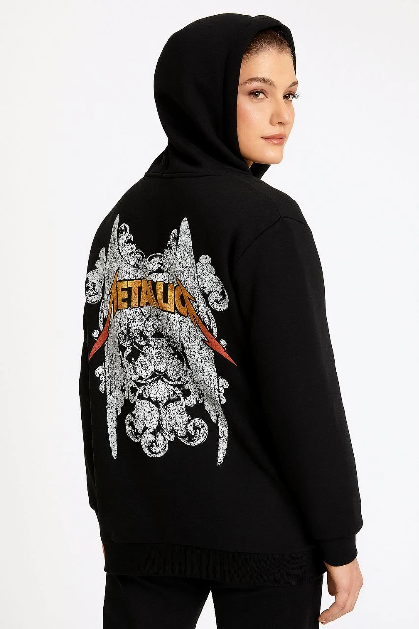 ASSEMA Metallica İki İplik Kapüşonlu Ön ve Arka Baskılı hoodie - Siyah