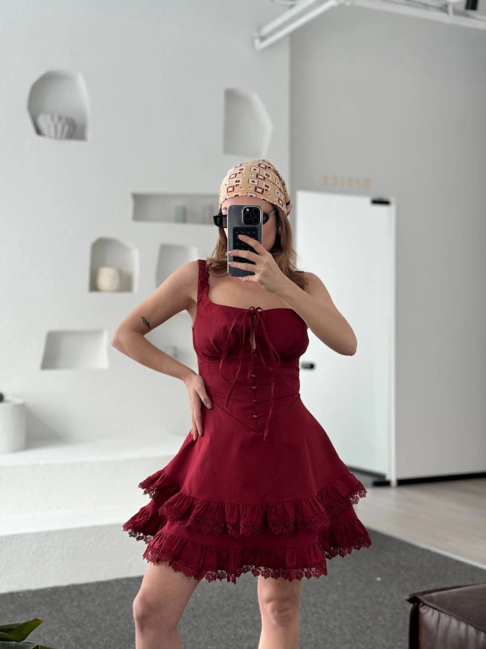 ASSEMA Kadın Mini Askılı Elbise - Bordo