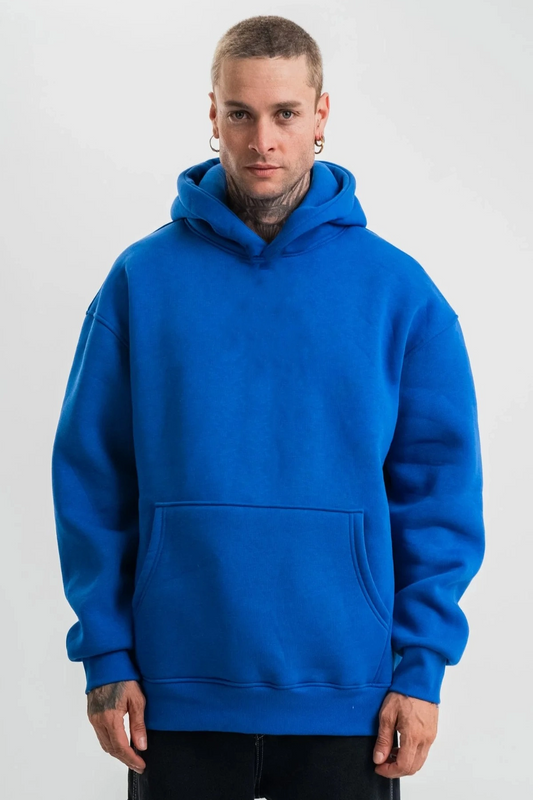 ASSEMA Erkek Saks Mavi Double Oversize 3 İplik Pamuklu Kapüşonlu Kanguru Cepli - Saks Mavisi