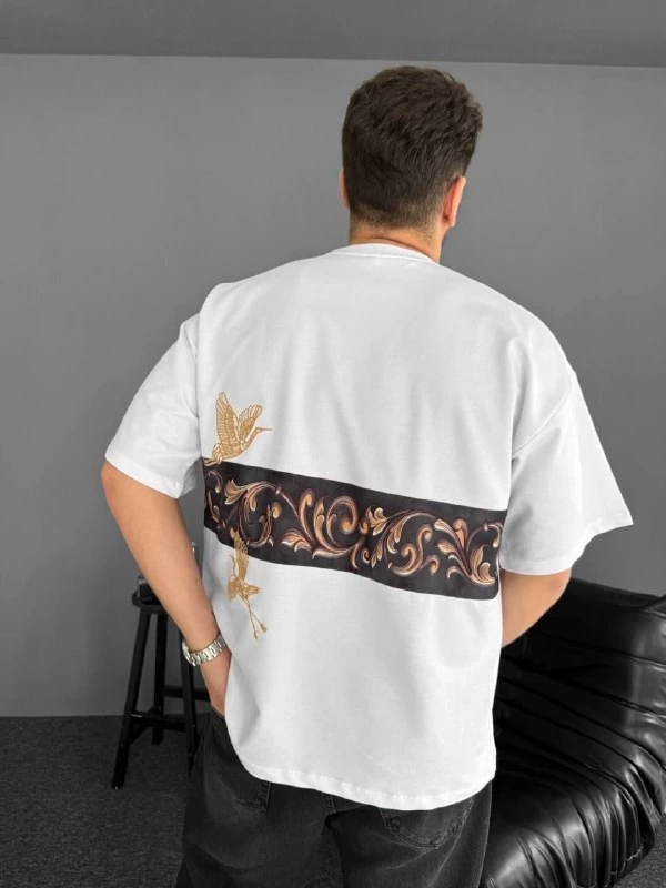 ASSEMA Erkek Ön ve Arka Baskılı Oversize Bisiklet Yaka tişort  - Beyaz