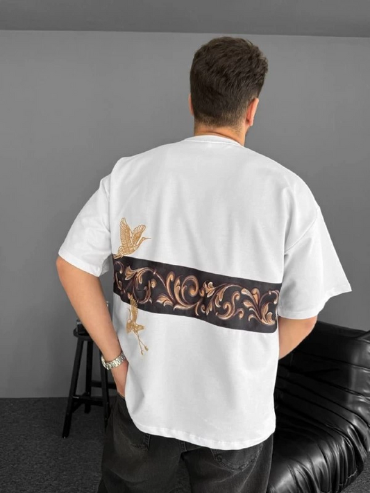 ASSEMA Erkek Ön ve Arka Baskılı Oversize Bisiklet Yaka tişort  - Beyaz