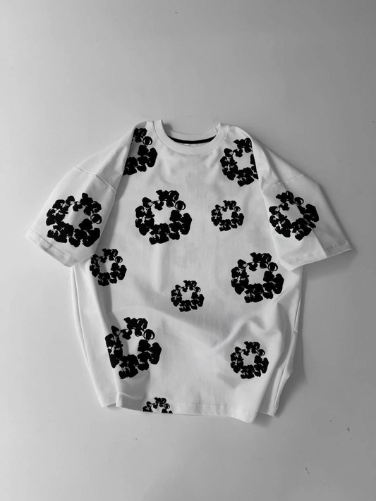 ASSEMA Erkek Ön ve Arka Baskılı Oversize Bisiklet Yaka T-shirt- Beyaz