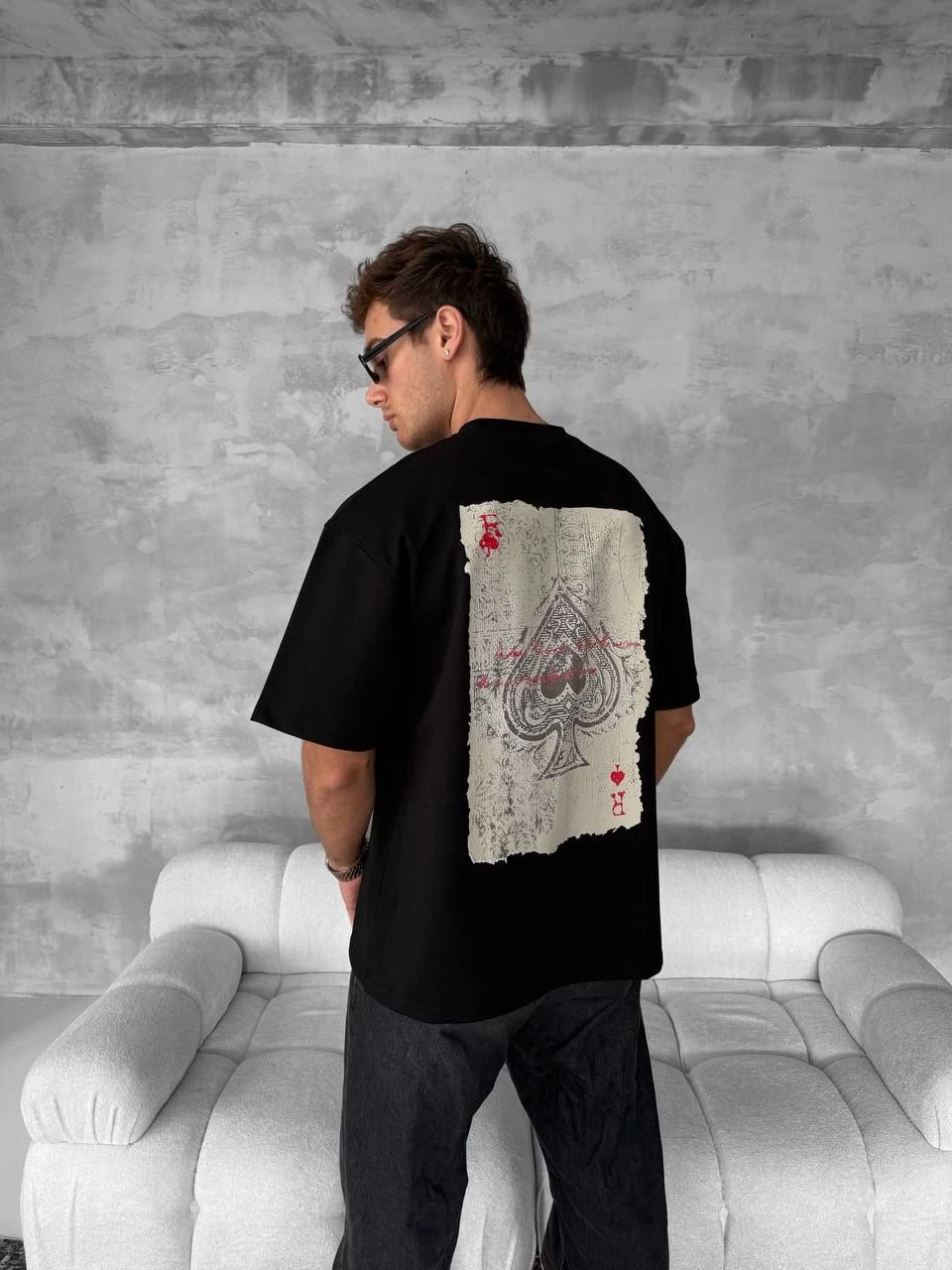 ASSEMA ERKEK Ön ve Arka Baskılı Oversize Bisiklet Yaka T-shirt - Siyah