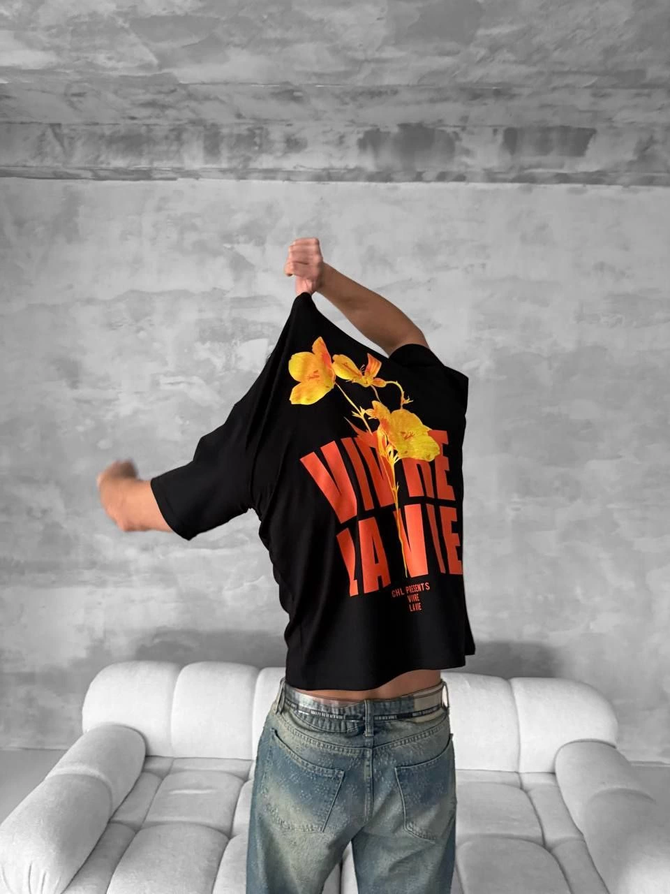 ASSEMA Erkek Baskılı Oversize Bisiklet Yaka T-shirt- Siyah
