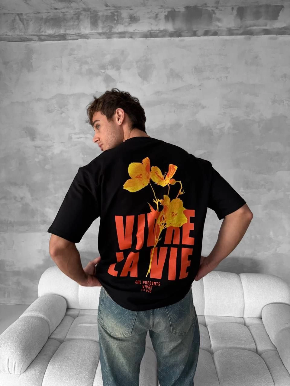 ASSEMA Erkek Baskılı Oversize Bisiklet Yaka T-shirt- Siyah