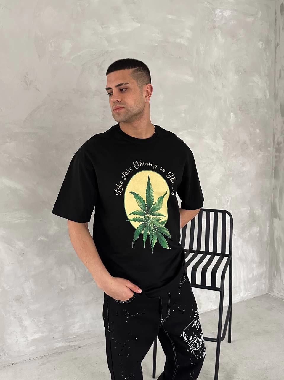 ASSEMA ERKEK Baskılı Oversize Bisiklet Yaka Kısa kol  T-shirt- Siyah