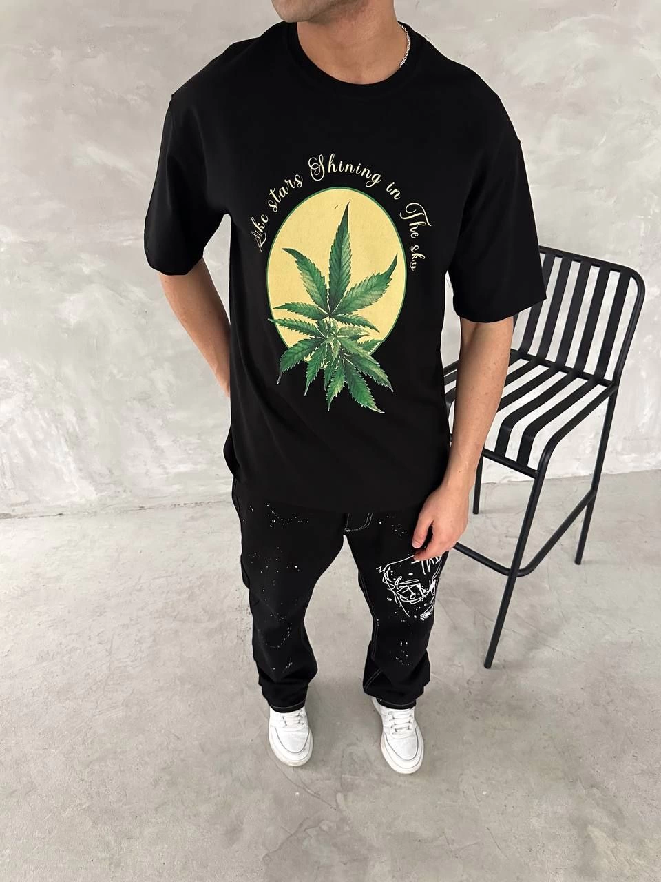 ASSEMA ERKEK Baskılı Oversize Bisiklet Yaka Kısa kol  T-shirt- Siyah