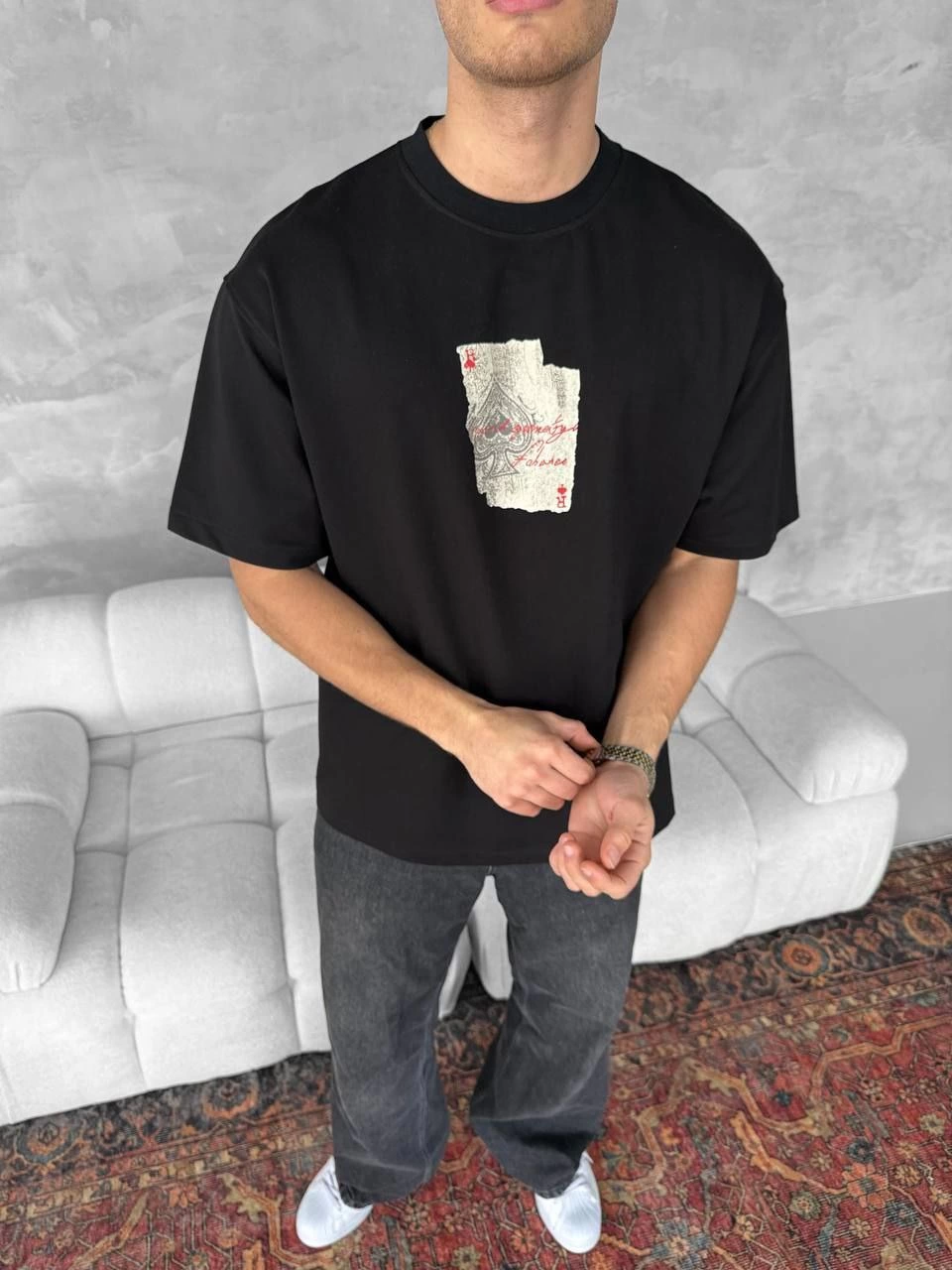 ASSEMA ERKEK Ön ve Arka Baskılı Oversize Bisiklet Yaka T-shirt - Siyah
