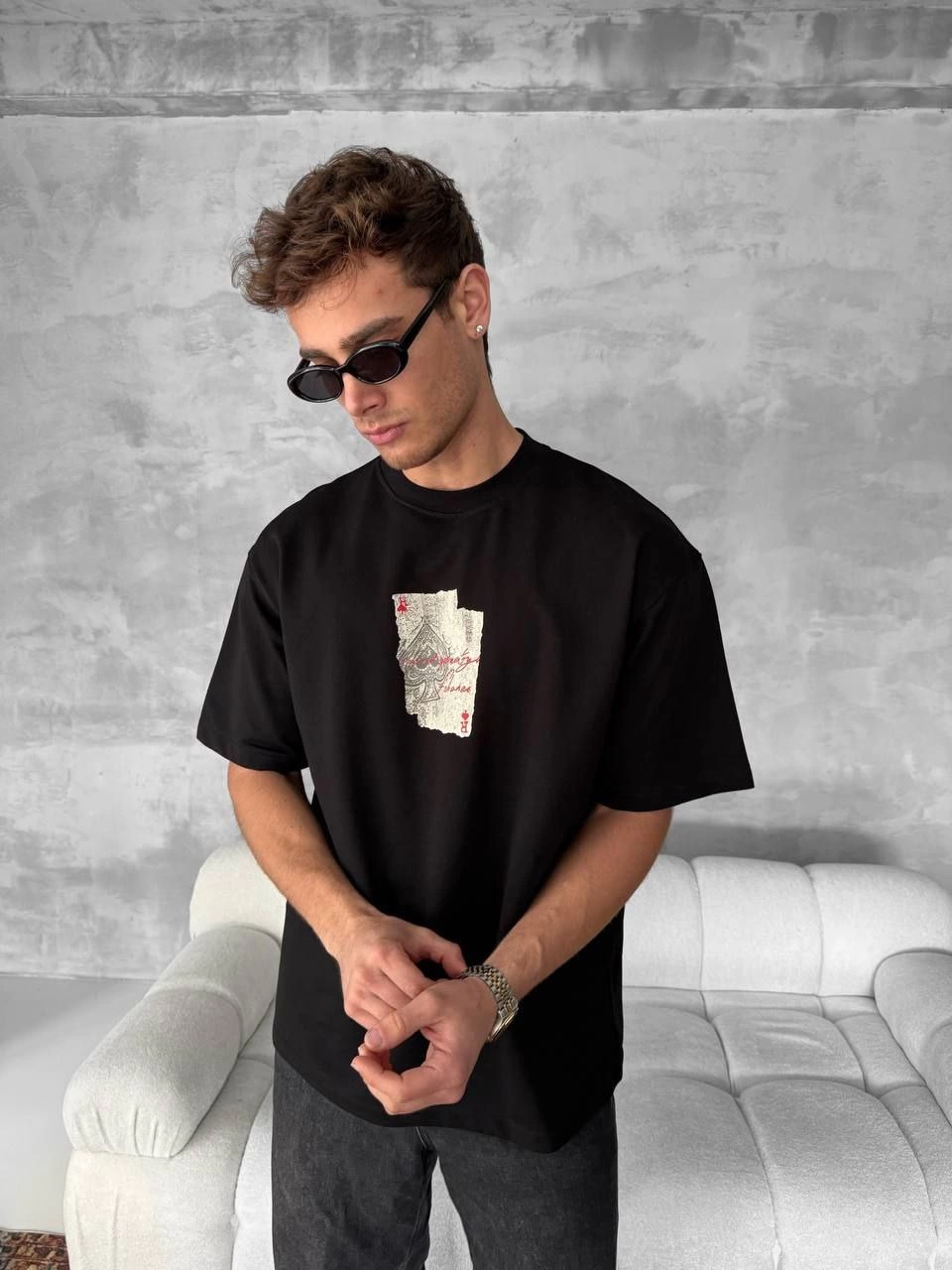 ASSEMA ERKEK Ön ve Arka Baskılı Oversize Bisiklet Yaka T-shirt - Siyah
