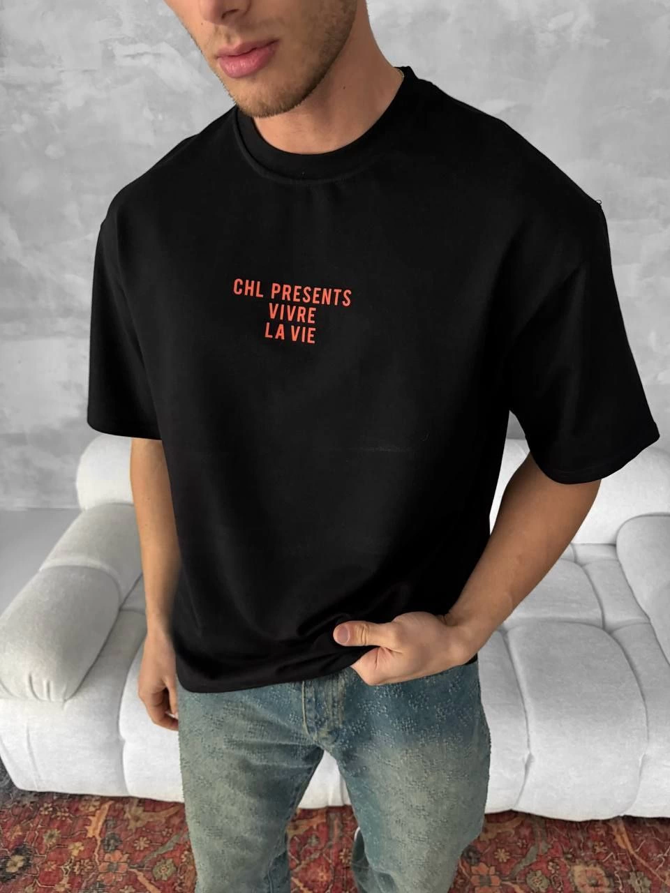 ASSEMA Erkek Baskılı Oversize Bisiklet Yaka T-shirt- Siyah