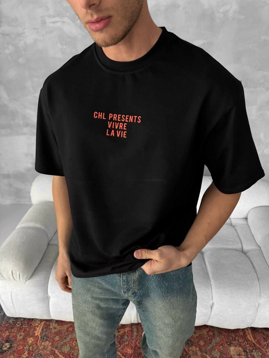 ASSEMA Erkek Baskılı Oversize Bisiklet Yaka T-shirt- Siyah