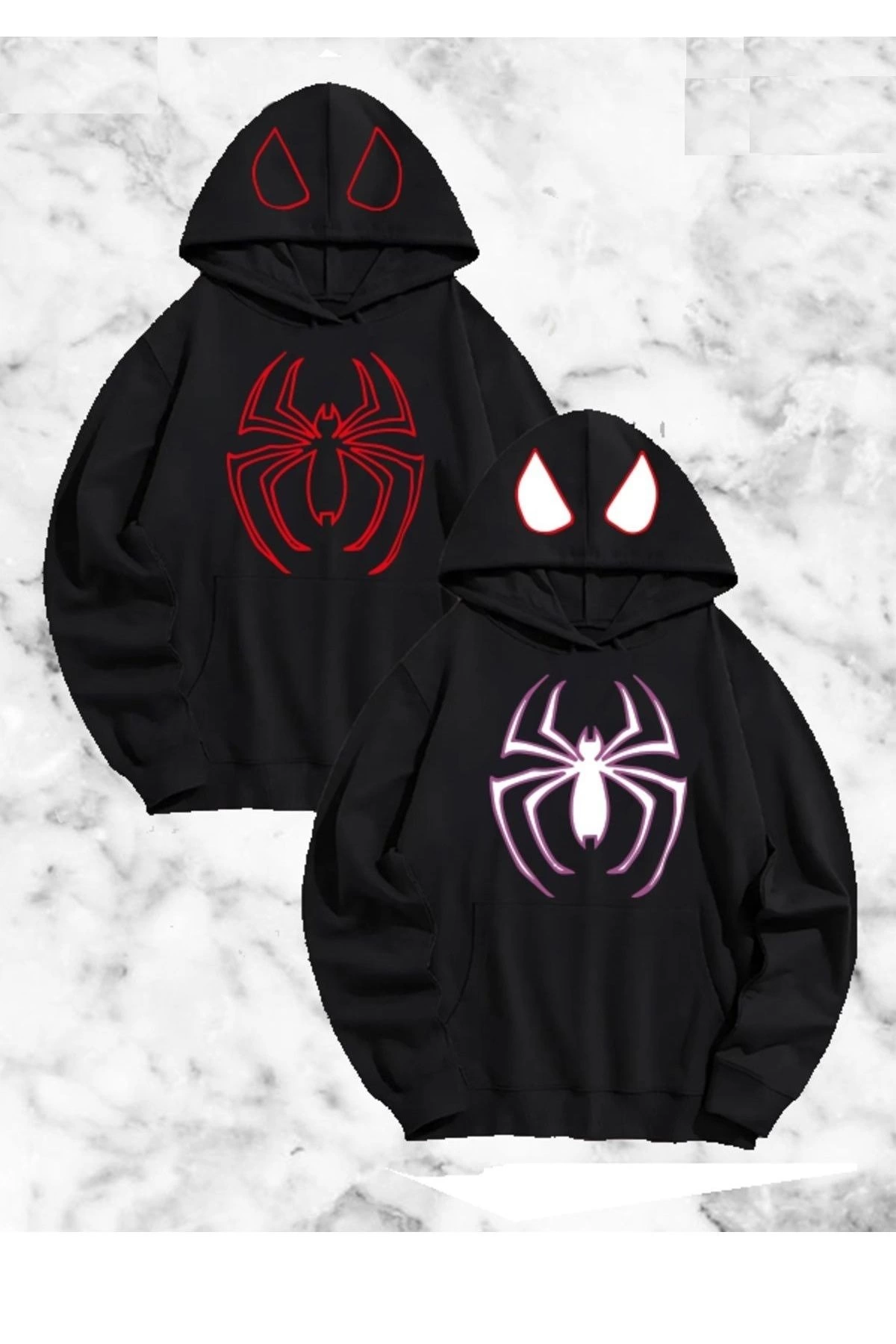 ASSEMA Örümcek Baskılı Sevgili Çift Kombini Kapüşonlu Sweatshirt & Hodie - Siyah