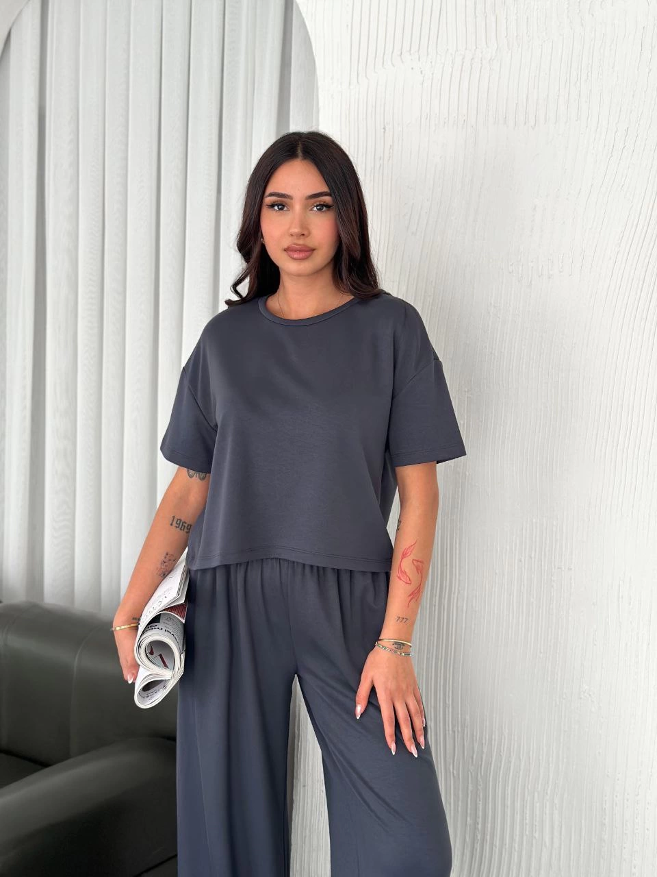 ASSEMA Kadın Osy Modal Yumuşak Dokulu Kumaş Bisiklet Yaka T-shirt Bol paça Pantalon ikili Takım -Antrasit