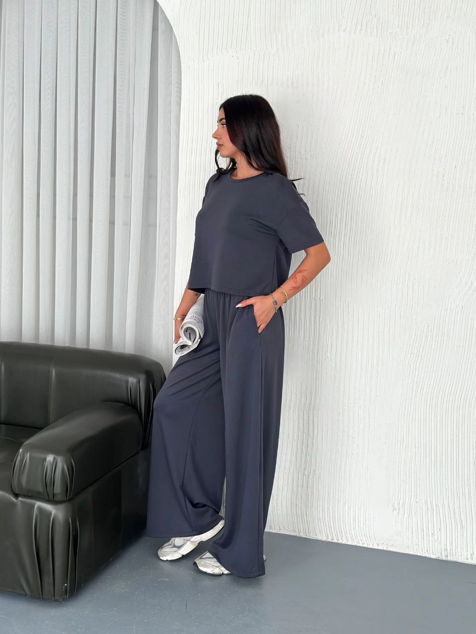 ASSEMA Kadın Osy Modal Yumuşak Dokulu Kumaş Bisiklet Yaka T-shirt Bol paça Pantalon ikili Takım -Antrasit