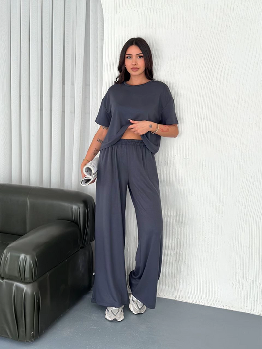 ASSEMA Kadın Osy Modal Yumuşak Dokulu Kumaş Bisiklet Yaka T-shirt Bol paça Pantalon ikili Takım -Antrasit