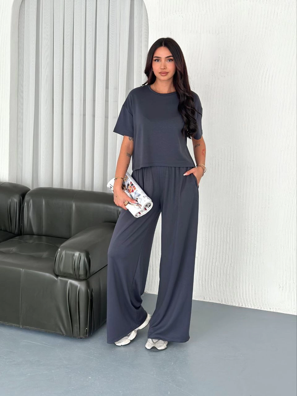 ASSEMA Kadın Osy Modal Yumuşak Dokulu Kumaş Bisiklet Yaka T-shirt Bol paça Pantalon ikili Takım -Antrasit