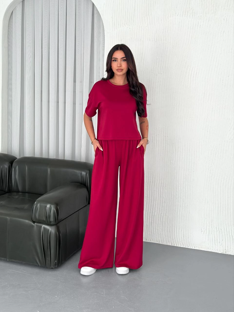 ASSEMA Kadın Osy Modal Yumuşak Dokulu Kumaş Bisiklet Yaka T-shirt Bol paça Pantalon ikili Takım -Bordo