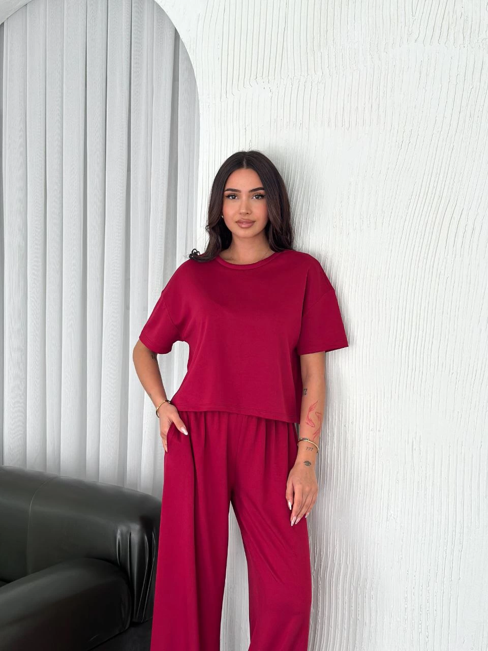 ASSEMA Kadın Osy Modal Yumuşak Dokulu Kumaş Bisiklet Yaka T-shirt Bol paça Pantalon ikili Takım -Bordo