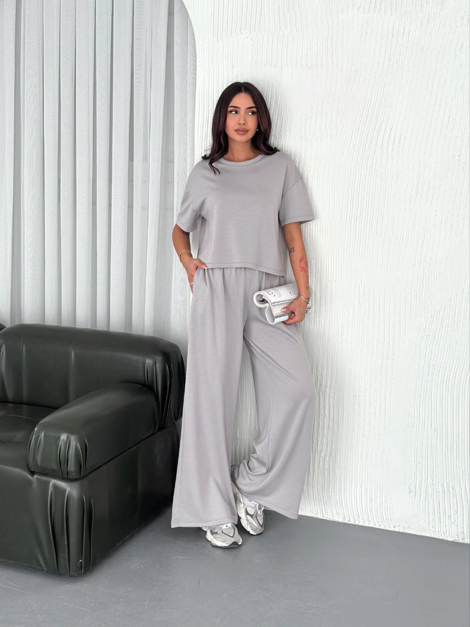 ASSEMA Kadın Osy Modal Yumuşak Kumaş Bisiklet Yaka T-shirt Bol paça Pantalon ikili Takım - Boyalı Gri