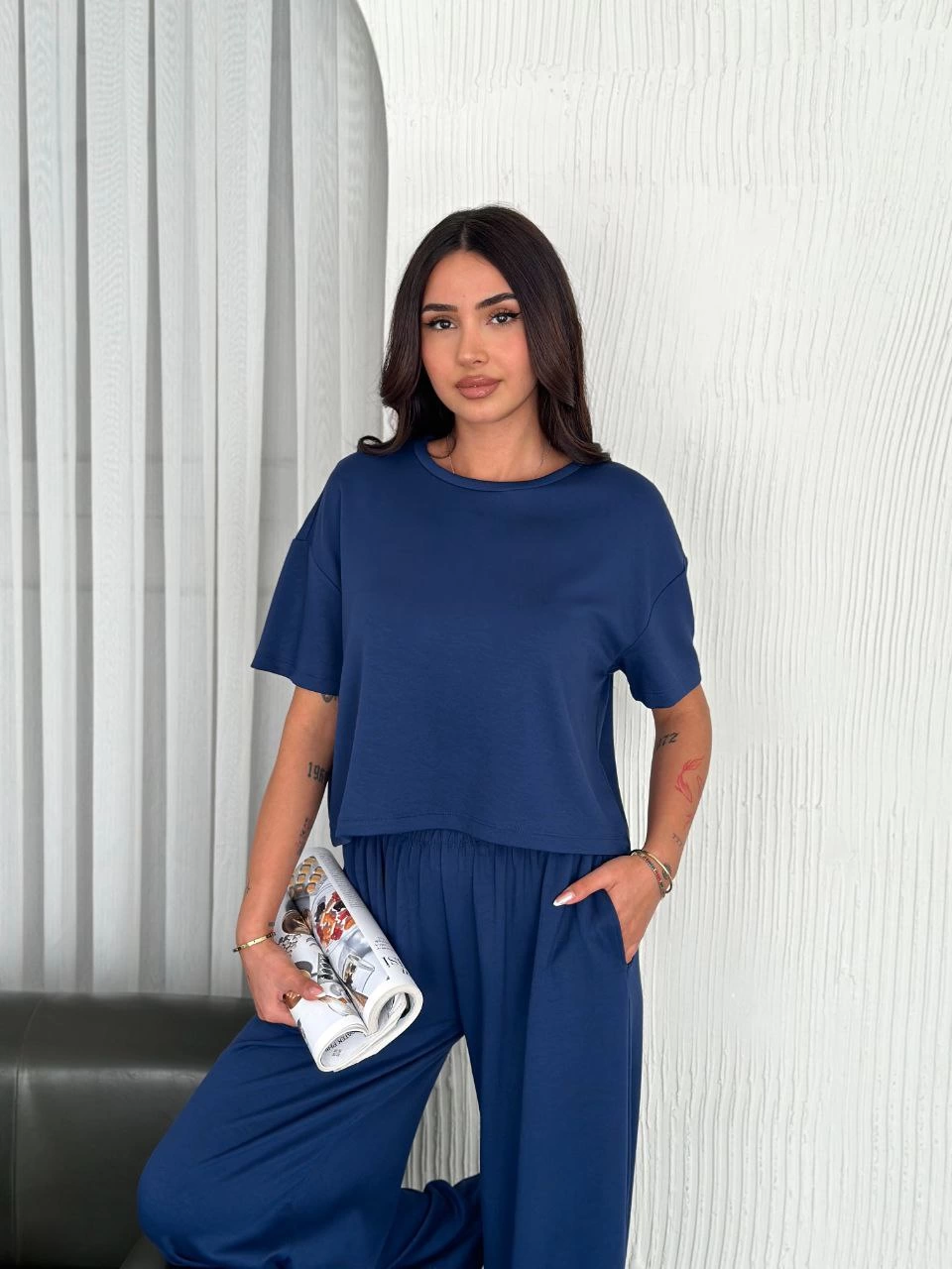 ASSEMA Kadın Osy Modal Yumuşak Dokulu Kumaş Bisiklet Yaka T-shirt Bol paça Pantalon ikili Takım -Saks Mavisi