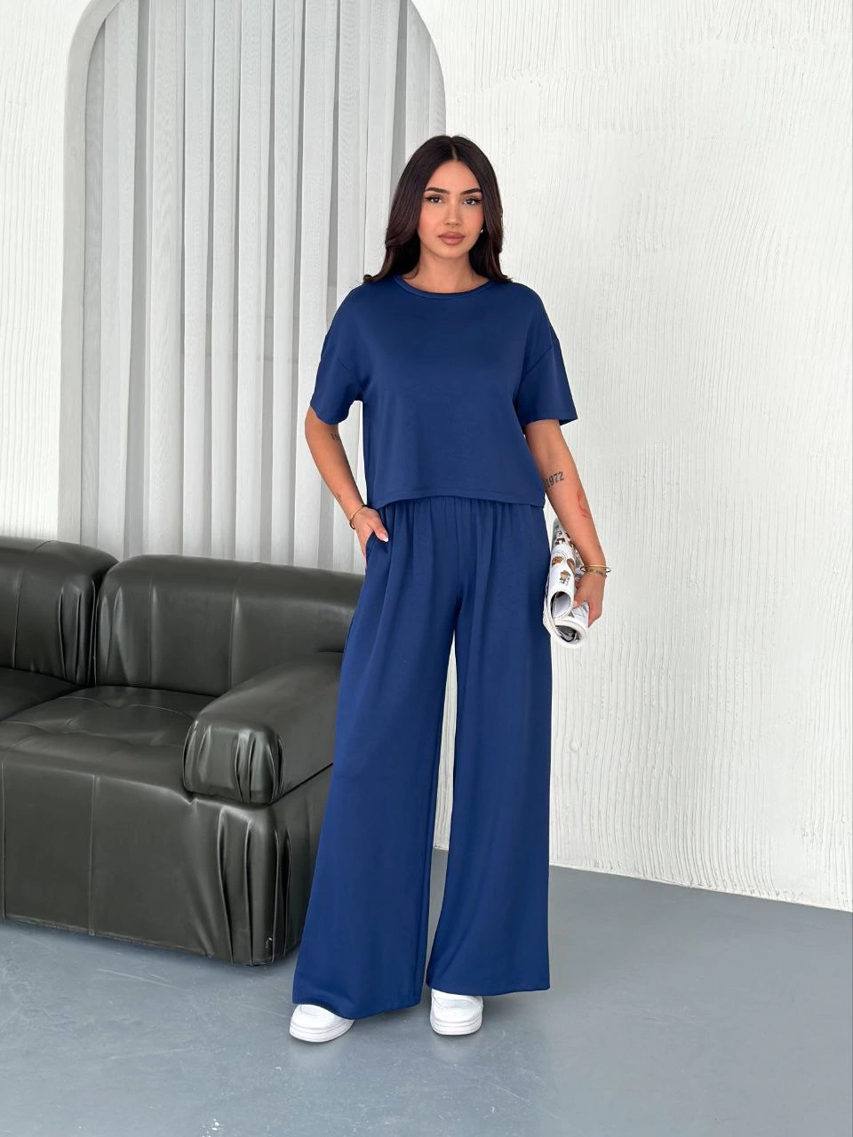 ASSEMA Kadın Osy Modal Yumuşak Dokulu Kumaş Bisiklet Yaka T-shirt Bol paça Pantalon ikili Takım -Saks Mavisi