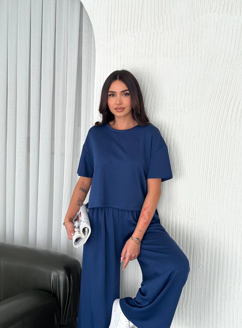 ASSEMA Kadın Osy Modal Yumuşak Dokulu Kumaş Bisiklet Yaka T-shirt Bol paça Pantalon ikili Takım -Saks Mavisi