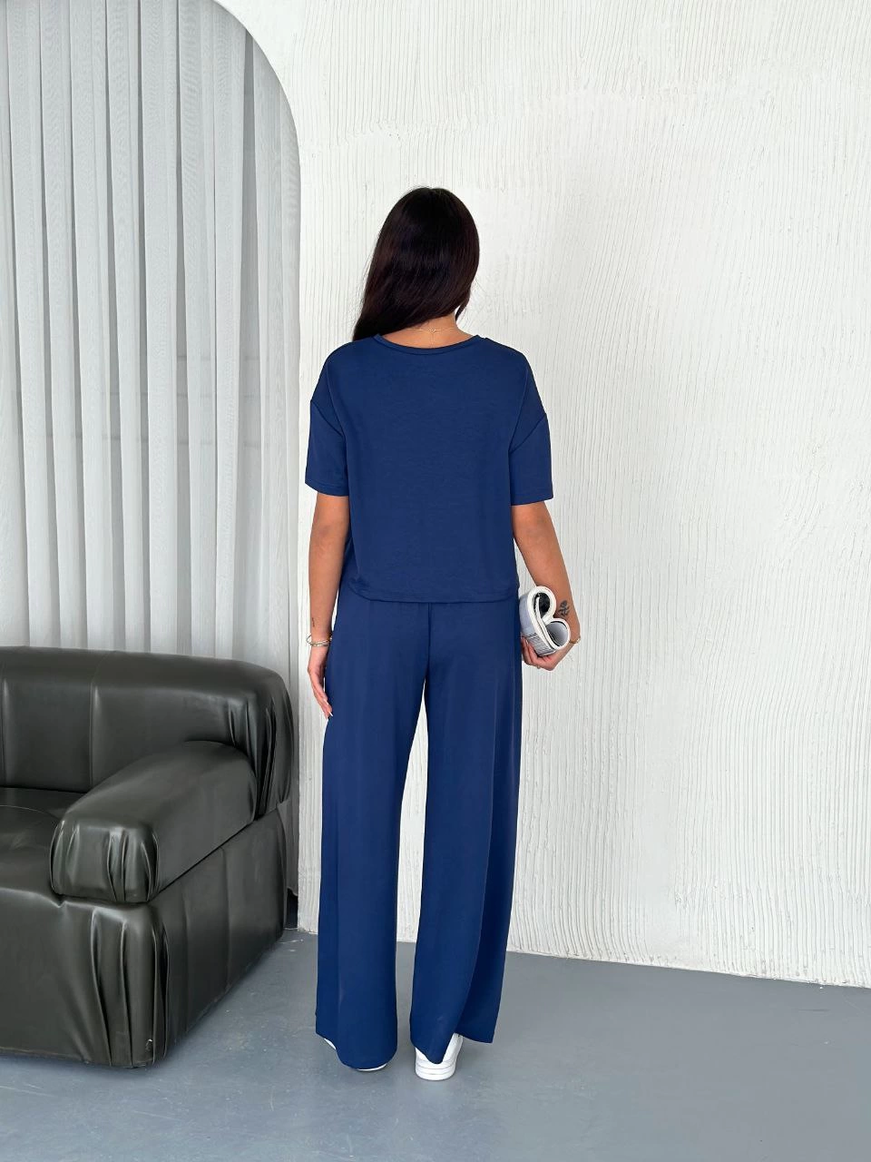 ASSEMA Kadın Osy Modal Yumuşak Dokulu Kumaş Bisiklet Yaka T-shirt Bol paça Pantalon ikili Takım -Saks Mavisi