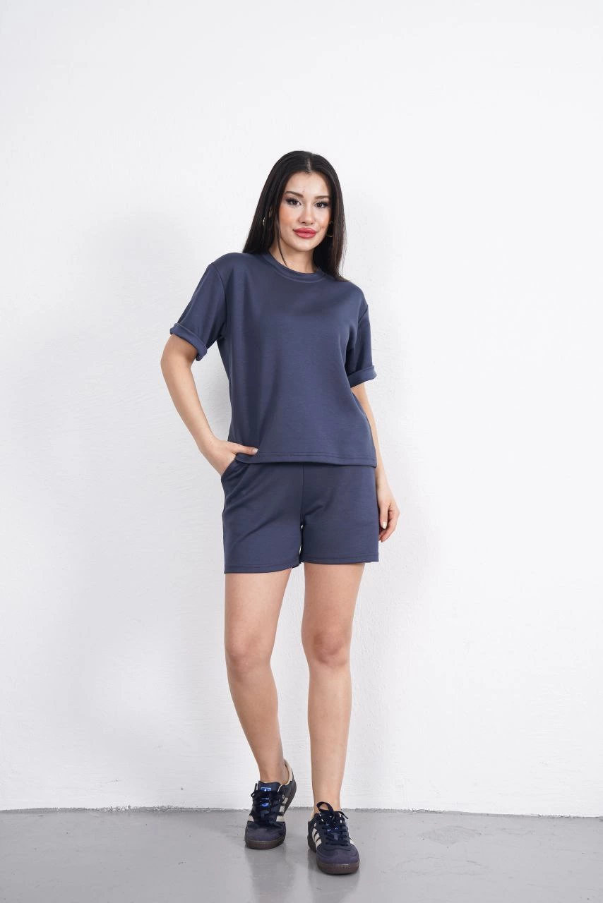ASSEMA Osy Modal yumuşak dokulu Kumaş Kadın Bisiklet Yaka T-shirt Kısa Şort İkili Takım - Antrasit