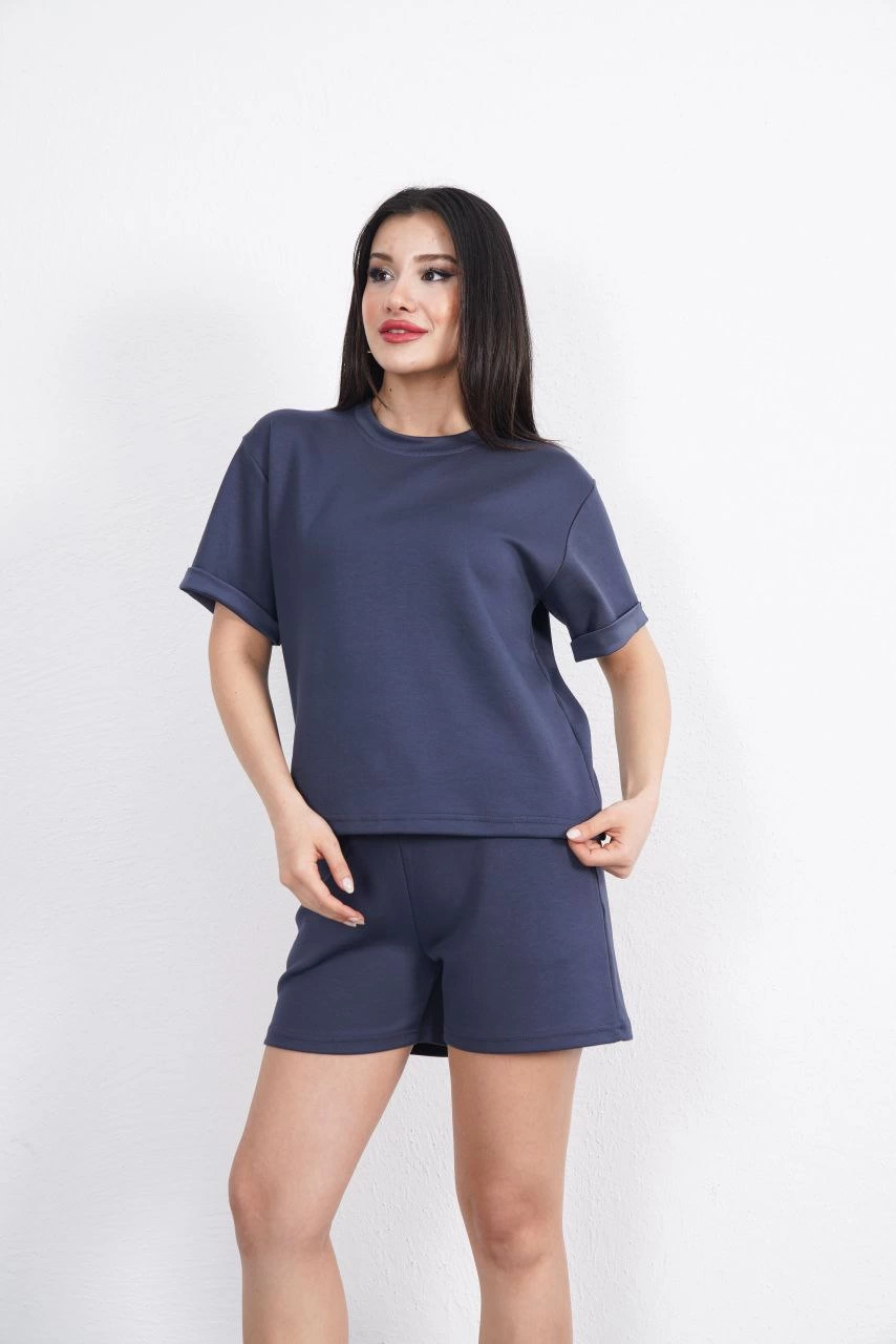 ASSEMA Osy Modal yumuşak dokulu Kumaş Kadın Bisiklet Yaka T-shirt Kısa Şort İkili Takım - Antrasit