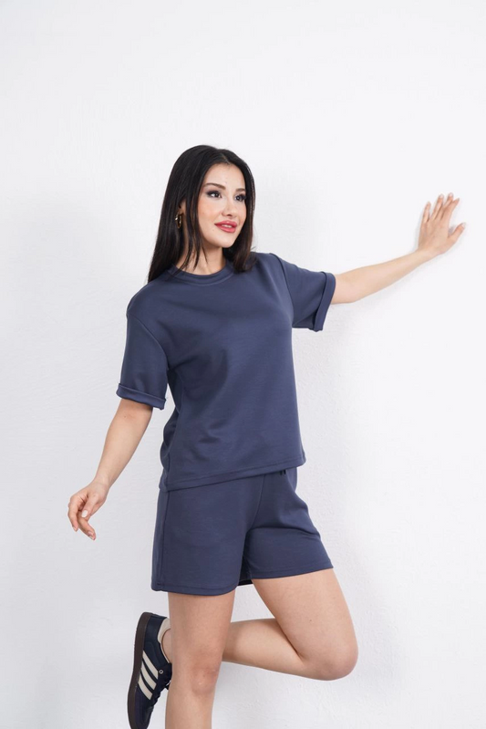 ASSEMA Osy Modal yumuşak dokulu Kumaş Kadın Bisiklet Yaka T-shirt Kısa Şort İkili Takım - Antrasit