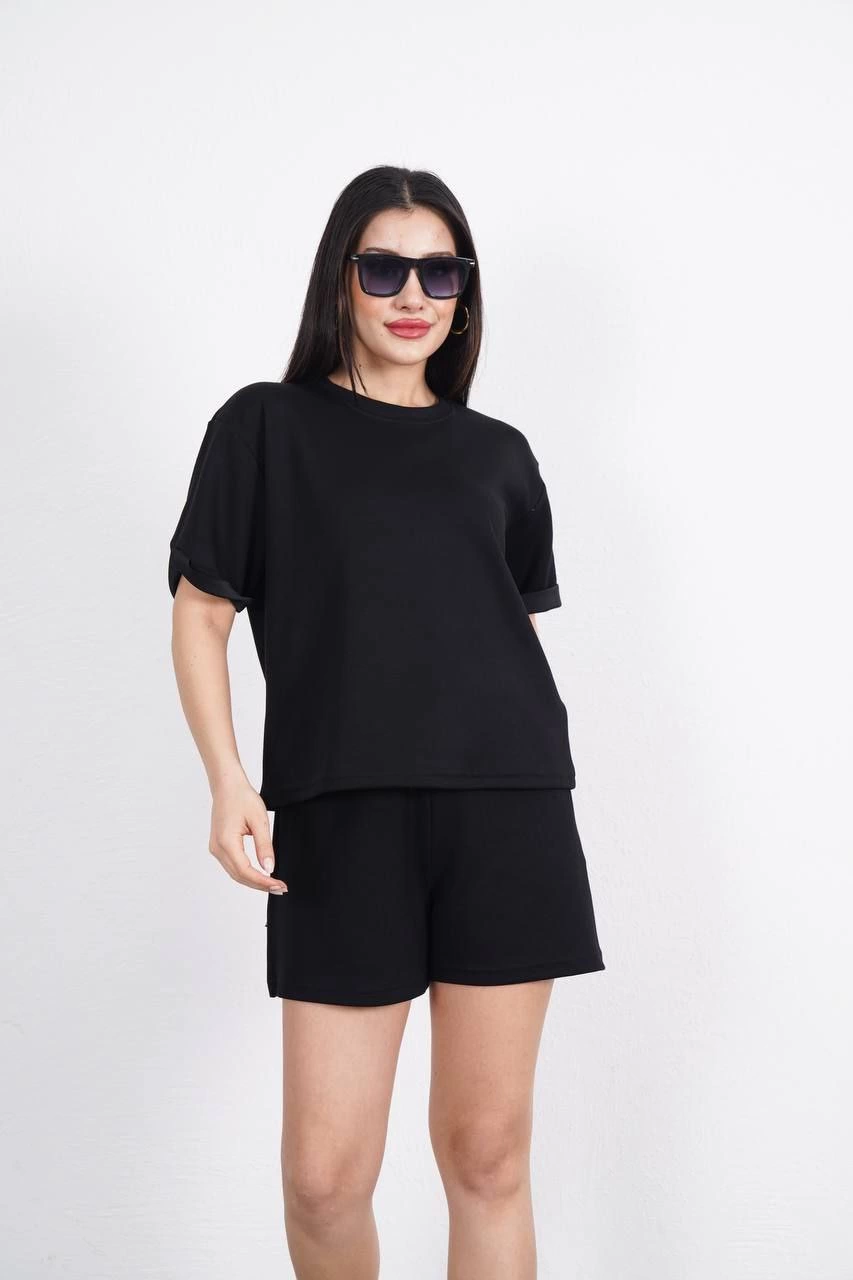 ASSEMA Osy Modal yumuşak dokulu Kumaş Kadın Bisiklet Yaka T-shirt Kısa Şort İkili Takım - Siyah