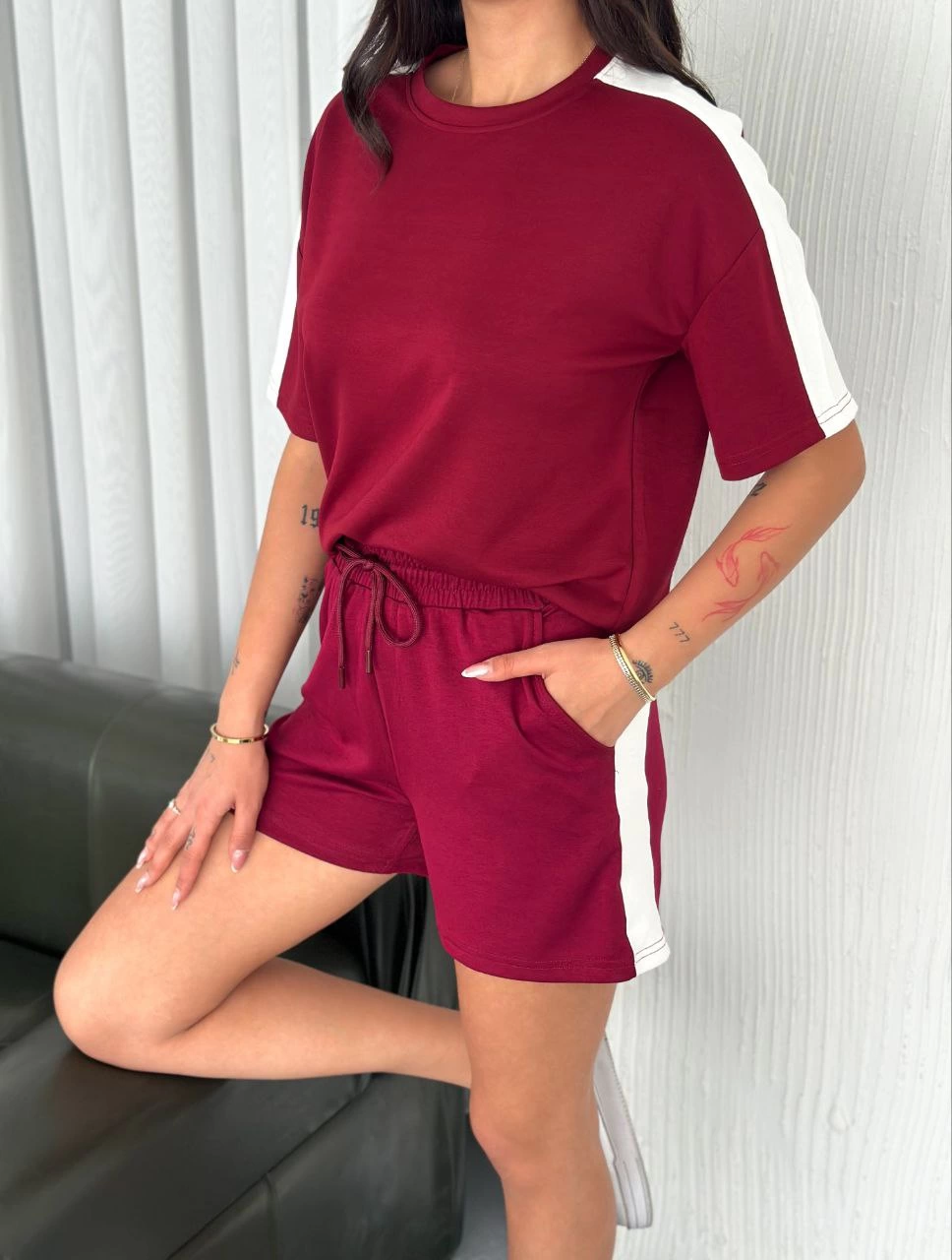 ASSEMA Osy Modal yumuşak dokulu Kumaş Kadın Parçalı Bisiklet Yaka T-shirt Kısa Şort İkili Takım - Bordo