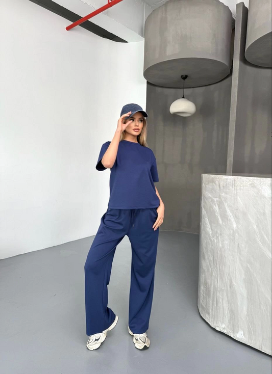 ASSEMA Kadın Osy Modal Yumuşak Dokulu Kumaş Kısa Kollu Bluz Rahat Pantalon ikili Takım- Lacivert