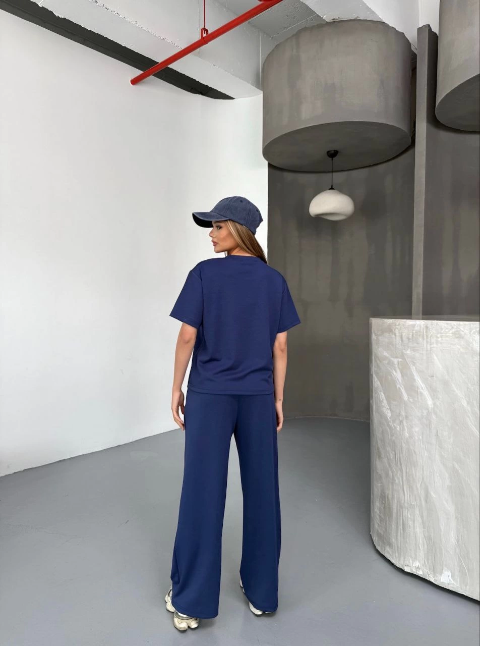 ASSEMA Kadın Osy Modal Yumuşak Dokulu Kumaş Kısa Kollu Bluz Rahat Pantalon ikili Takım- Lacivert