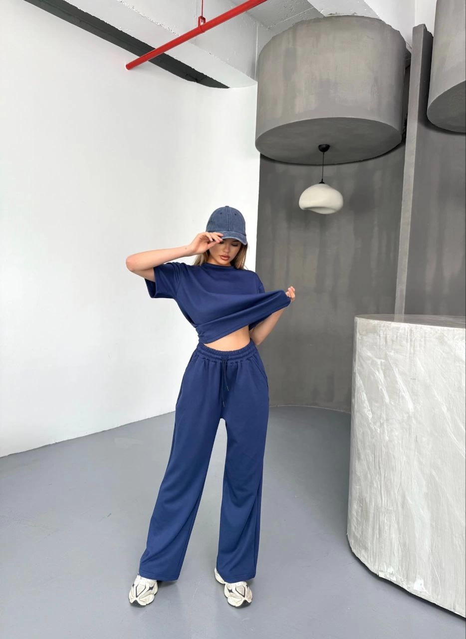 ASSEMA Kadın Osy Modal Yumuşak Dokulu Kumaş Kısa Kollu Bluz Rahat Pantalon ikili Takım- Lacivert