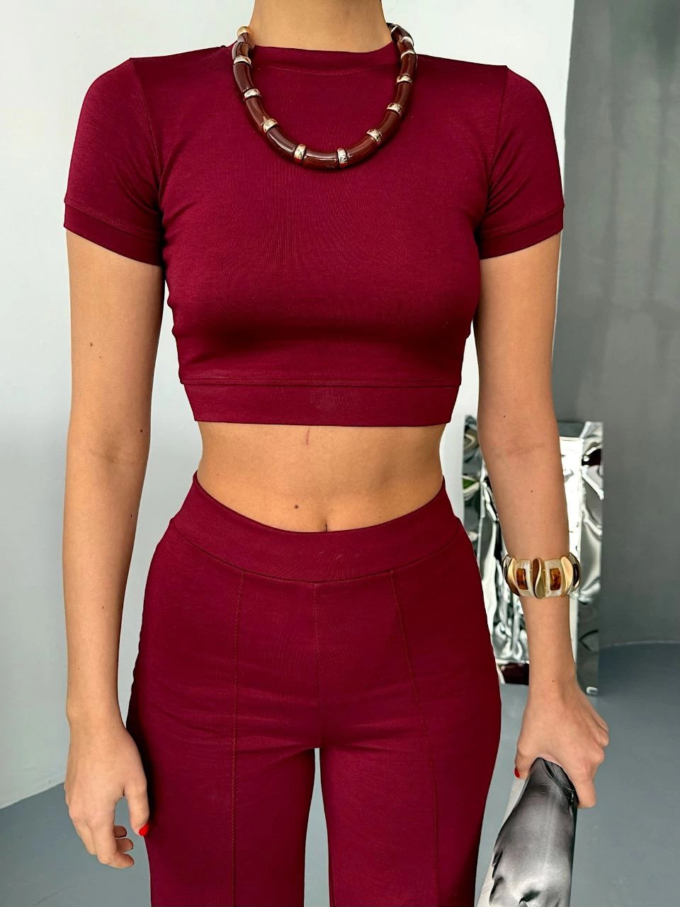 ASSEMA Kadın Osy Modal Yumuşak Dokulu Kumaş Kısa Kollu Crop Alt ispanyol Paça Pantalon ikili Takım - Bordo