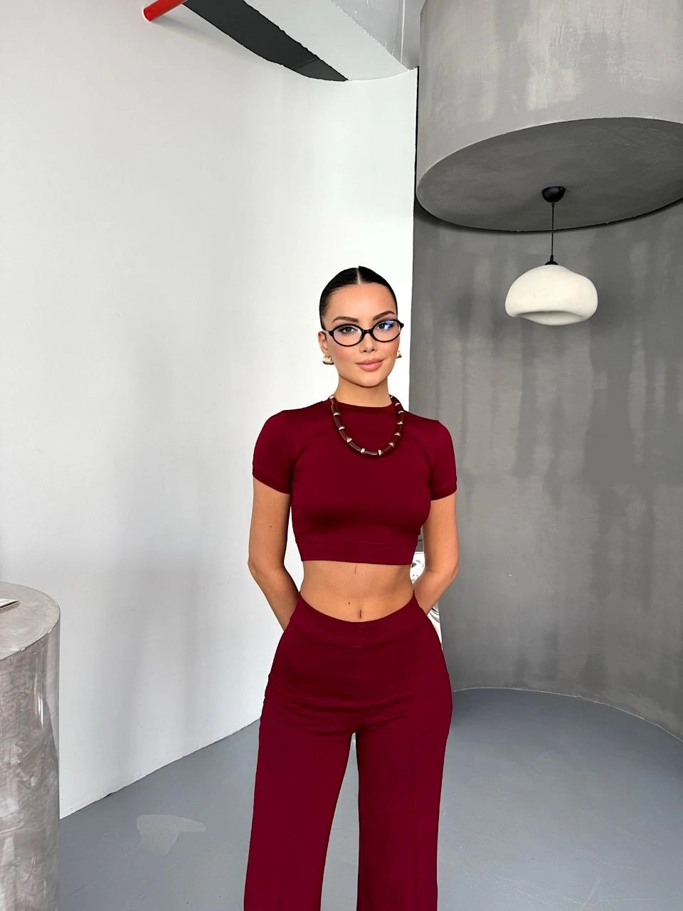 ASSEMA Kadın Osy Modal Yumuşak Dokulu Kumaş Kısa Kollu Crop Alt ispanyol Paça Pantalon ikili Takım - Bordo
