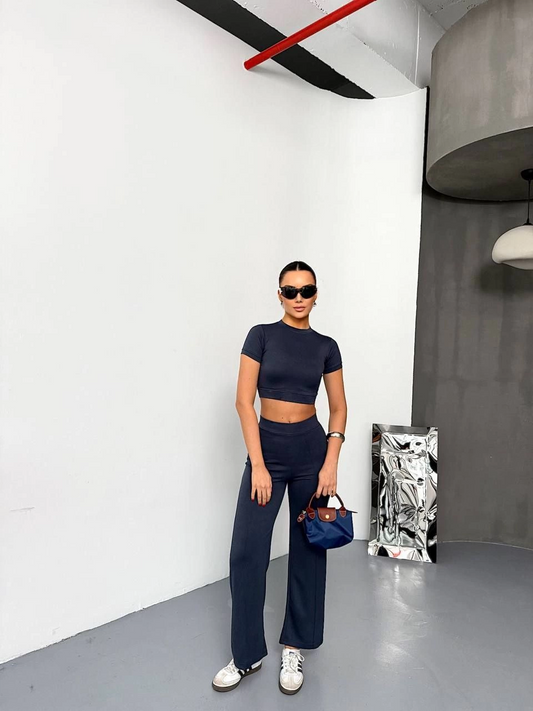 ASSEMA Kadın Osy Modal Yumuşak Dokulu Kumaş Kısa Kollu Crop Alt ispanyol Paça Pantalon ikili Takım - Füme