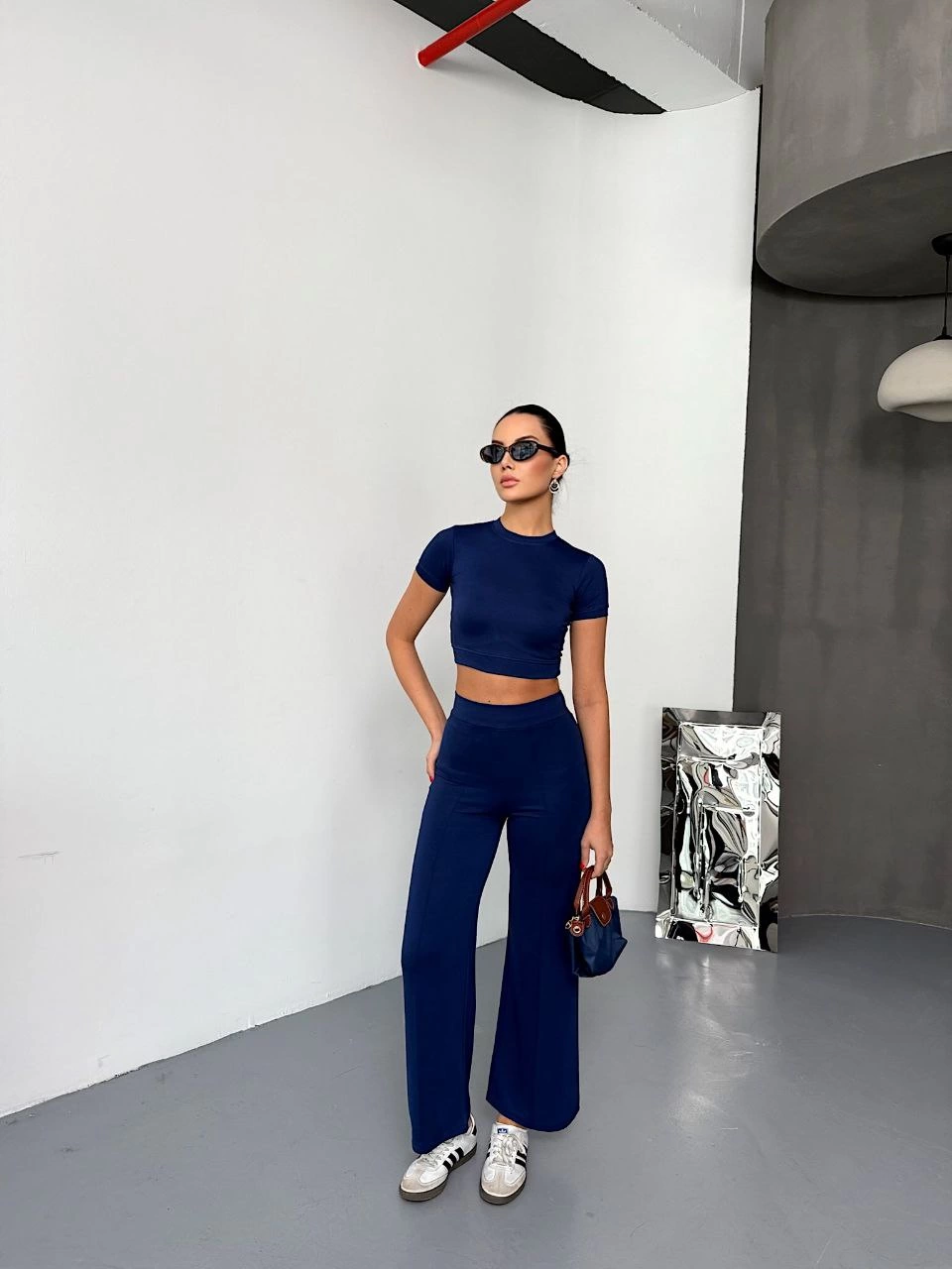 ASSEMA Kadın Osy Modal Yumuşak Kumaş Kısa Kollu Crop Alt ispanyol Paça Pantalon ikili Takım - Lacivert