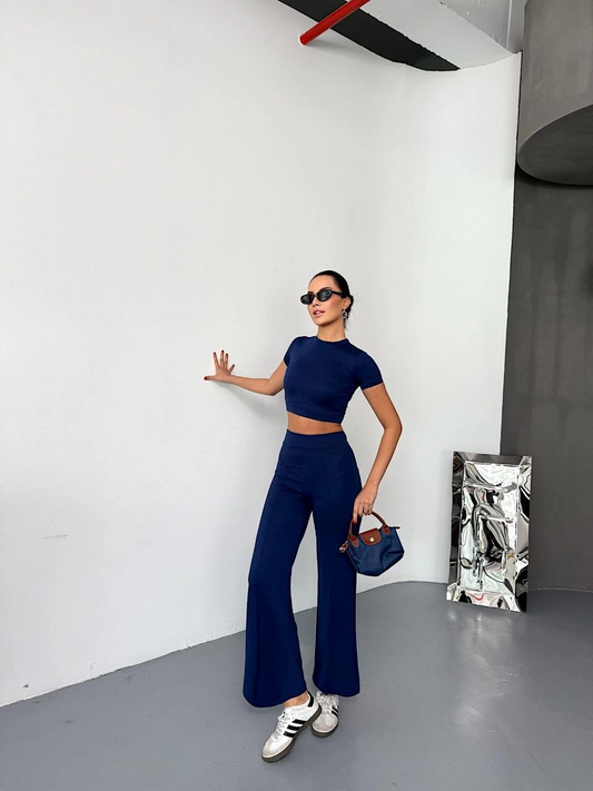 ASSEMA Kadın Osy Modal Yumuşak Kumaş Kısa Kollu Crop Alt ispanyol Paça Pantalon ikili Takım - Lacivert