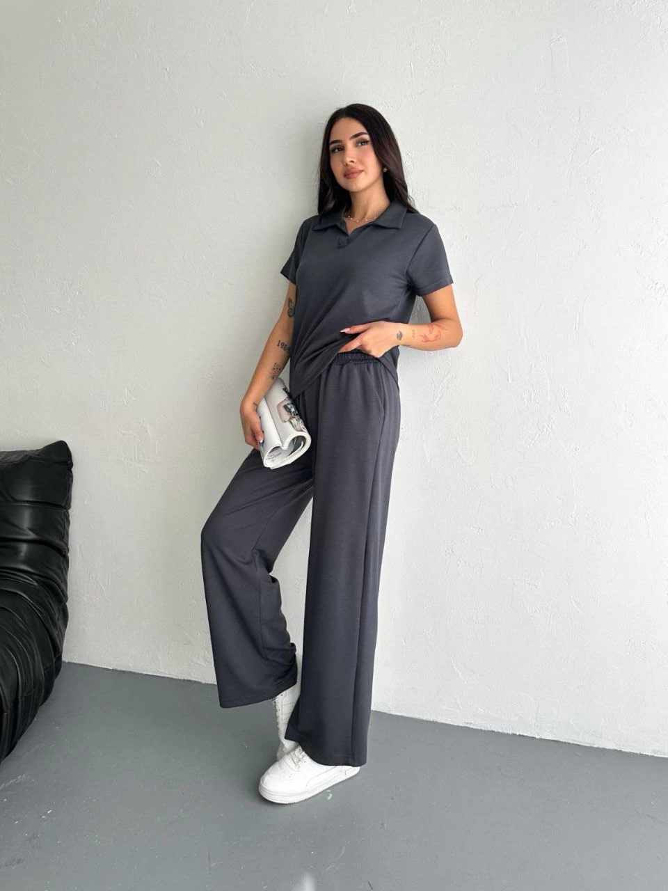 ASSEMA Kadın Osy Modal Yumuşak Dokulu Kumaş Kısa Kollu Yakalı T-shirt Pantalon ikili Takım- Antrasit