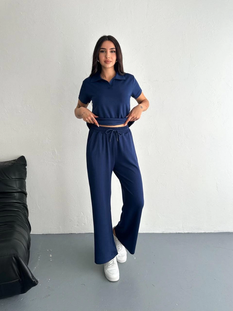 ASSEMA Kadın Osy Modal Yumuşak Dokulu Kısa Kollu Yakalı Pantalon ikili Takım - Lacivert