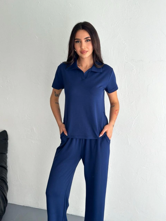 ASSEMA Kadın Osy Modal Yumuşak Dokulu Kısa Kollu Yakalı Pantalon ikili Takım - Lacivert